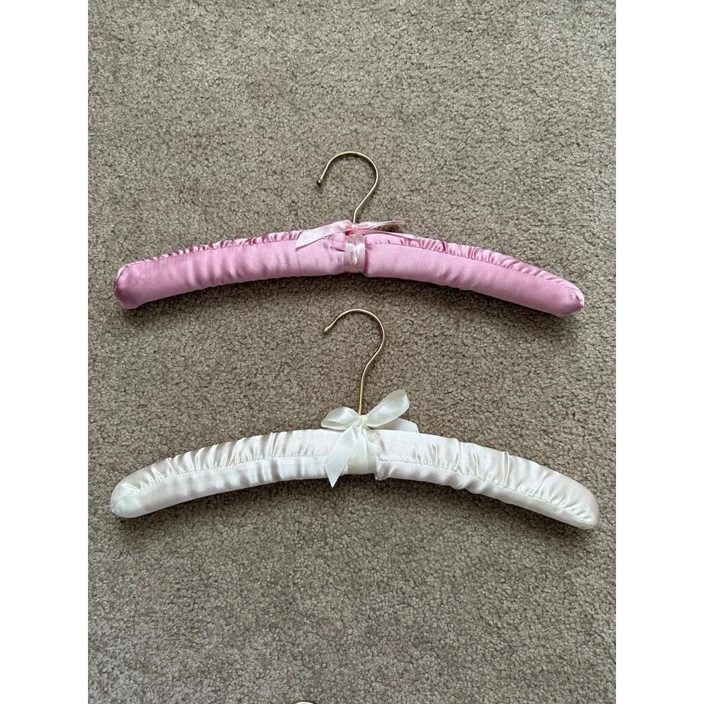 Set of 8 Vintage Satin Padded Hangers Pink & Ivory Gold Tone Bows